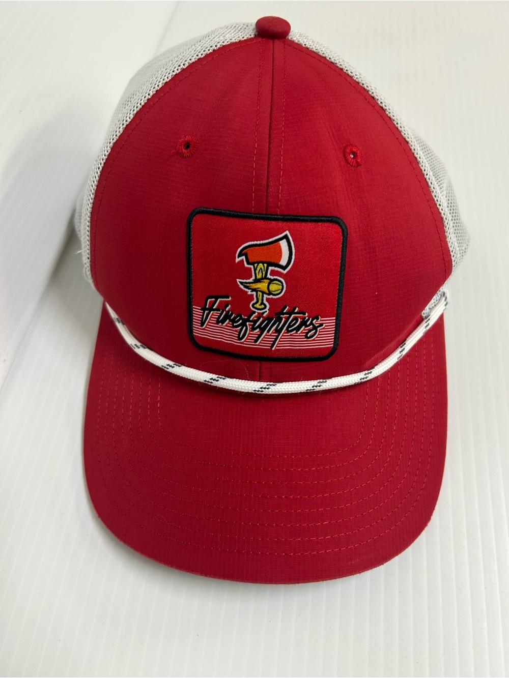 Firefighters Banana Ball ‘47 Red White Rope Adjustable Trucker  Snap Back Hat